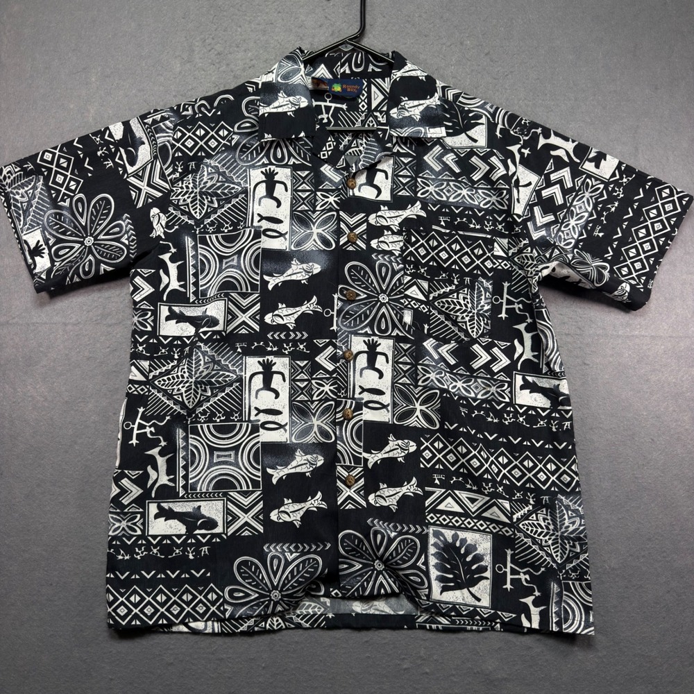 Roundy Bay Mens Large Black White Tribal Fish Print Hawaiian Button Down Shirt